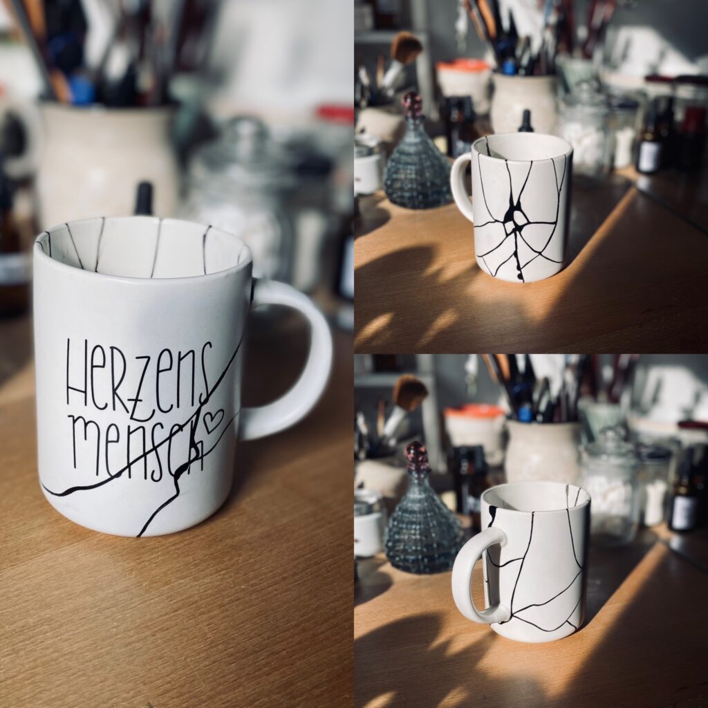 Collage der Kintsugi-Reparatur der Herzensmensch-Tasse mit schwarzem Urushi noch unvergoldet bis zur Montage