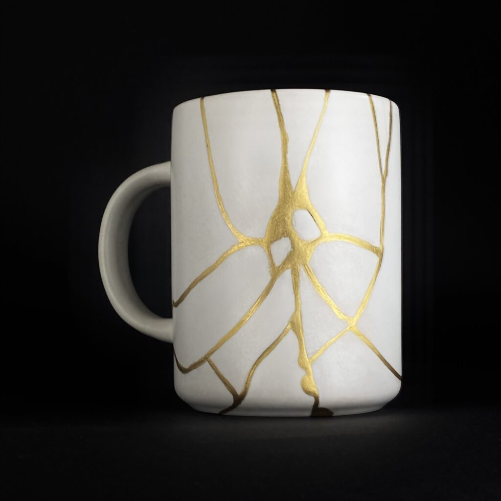 Seitenansicht der weißen Herzensmensch-Tasse mit feinen Kintsugi-Goldlinien
